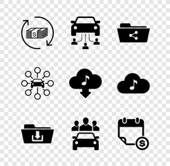 Set Refund money, Car sharing, Share folder, Folder download, and Financial calendar icon. Vector