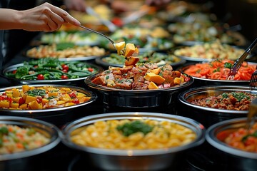A man is serving food from a buffet table. The table is full of food, including a variety of vegetables and meats. The atmosphere is casual and inviting, with people enjoying the food