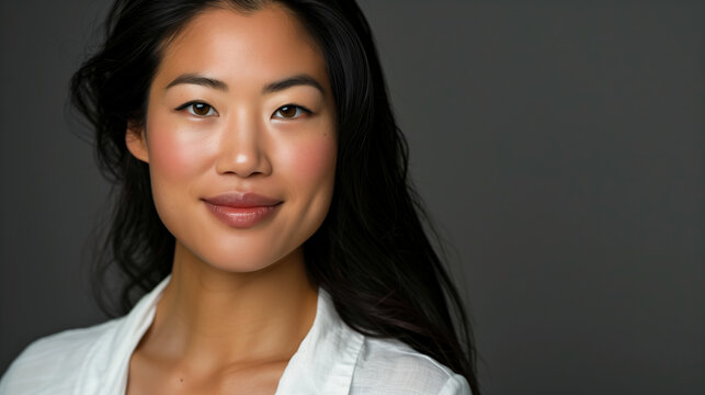 Portrait of happy young asian young woman isolated over gray background