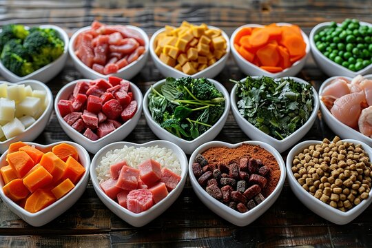 A photo of heart-shaped bowls filled with different types of dog food, including vegetables and rice on a wooden background.