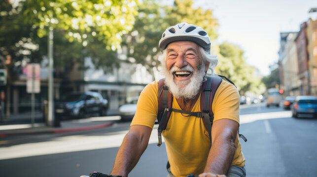 Happy older man riding a bike