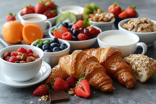 A photo of various breakfast foods, including fruits, coffee and croissants on the table. The food is arranged in an organized way with cups of milk or juice next to it.