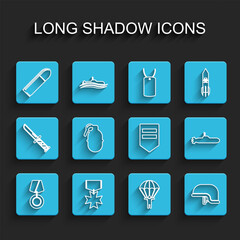 Set line Military reward medal, Bullet, Parachute, helmet, Hand grenade, Submarine and Chevron icon. Vector