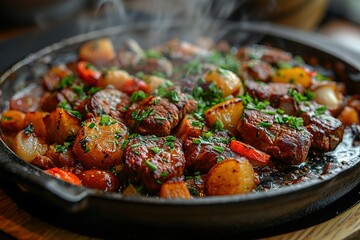 A plate of meat and potatoes with a lot of seasoning. The meat is brown and the potatoes are golden brown. The dish looks delicious and hearty - obrazy, fototapety, plakaty