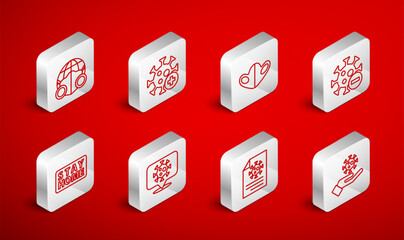 Set line Hand with virus, Positive, Medical protective mask, Negative, Clipboard blood test results, Earth medical, Corona on location and Stay home icon. Vector