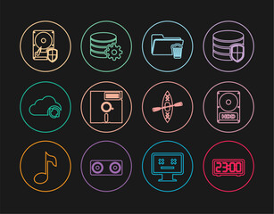 Set line Digital alarm clock, Hard disk drive HDD, Delete folder, Floppy in the 5.25-inch, Cloud sync refresh, protection, Kayak and paddle and Setting database server icon. Vector