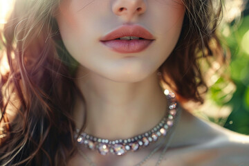 Beautiful girl wearing a custom necklace, cool and elegant, highlighting neck beauty