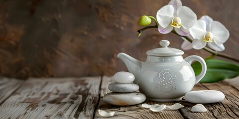 Stock image of a white ceramic Neti pot with OM symbol zen stones orchid flower on wooden background. Concept Product photography, Wellness concept, Zen lifestyle, Natural remedies