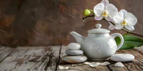 Foto op Aluminium Stock image of a white ceramic Neti pot with OM symbol zen stones orchid flower on wooden background. Concept Product photography, Wellness concept, Zen lifestyle, Natural remedies © Anastasiia