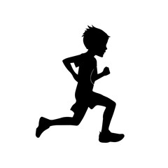 Fototapeta na wymiar Simple black silhouette SVG of a young boy running, white background 