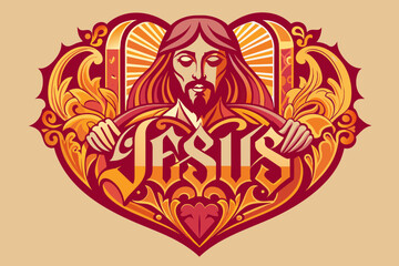Art Nouveau Jesus typography in a heart design.