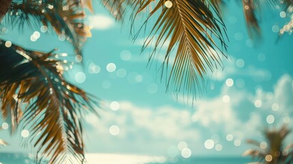 Panorama of blurred blue sky and sea with bokeh light with copy space between palm trees, The...