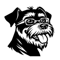 Simple black silhouette SVG of a happy schnauzer with glasses, white background 