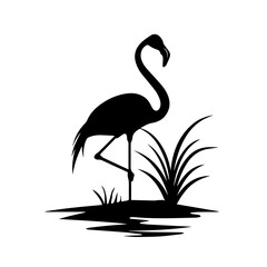 Simple black silhouette SVG of a standing Flamingo, white background 