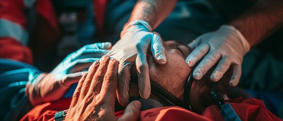 Fototapeta na wymiar Close up of EMT's hands performing CPR, critical moment, sharp focus. 