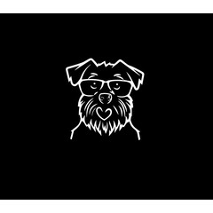 Simple white outline silhouette SVG of a dog,  black background 