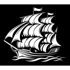 Simple black silhouette SVG of a pirate ship, white background 