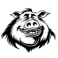 Simple and funny black silhouette of a happy pig, white background 