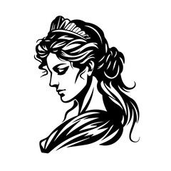 Simple black & white line logo of a Roman goddess in side profile, white background