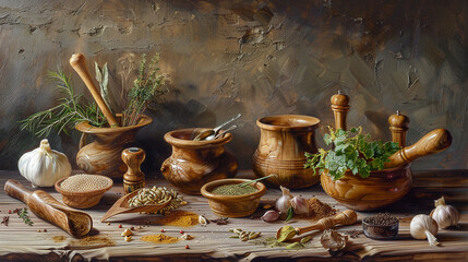 An arrangement of wood cooking utensils pots spices and herbs on a wooden table - obrazy, fototapety, plakaty