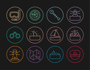 Set line Captain hat, Sinking cruise ship, Dead fish, Shark fin ocean wave, Binoculars, Diving mask and snorkel, Yacht sailboat and Radar with targets icon. Vector