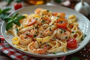 A plate of pasta with shrimp and basil on top. The plate is set on a wooden table with a red and white checkered tablecloth. There are also some tomatoes and basil on the table