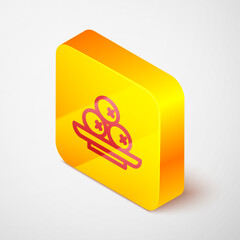 Isometric line Olives on plate icon isolated on grey background. Yellow square button. Vector
