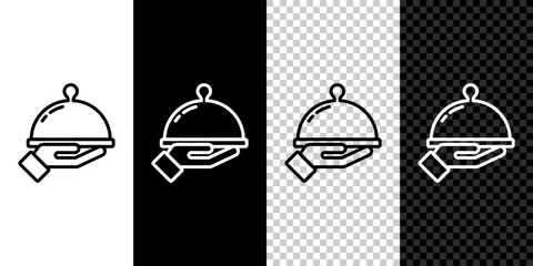 Set line Covered with a tray of food icon isolated on black and white, transparent background. Tray and lid sign. Restaurant cloche with lid. Vector - obrazy, fototapety, plakaty