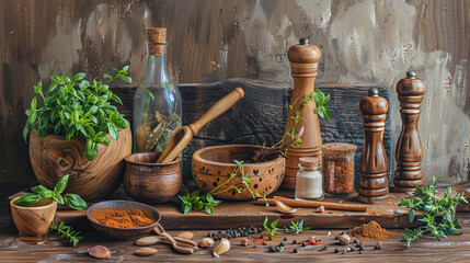 An arrangement of wood cooking utensils pots spices and herbs on a wooden table