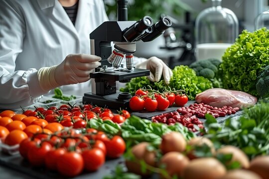 Food safety scientists, in lab coats and gloves, are examining fresh vegetables under the microscope at an American laboratory. - Powered by Adobe