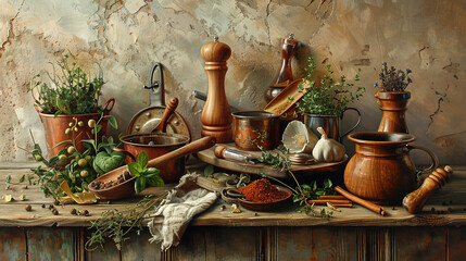 An arrangement of wood cooking utensils pots spices and herbs on a wooden table