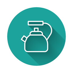 Obraz premium White line Kettle with handle icon isolated with long shadow background. Teapot icon. Green circle button. Vector