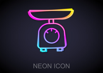 Glowing neon line Scales icon isolated on black background. Weight measure equipment. Vector