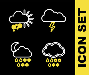 Set line Storm, Cloud with snow and rain, snow, rain, moon and Cloudy icon. Vector