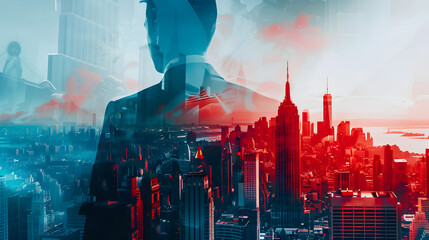 Urban Leadership: Double exposure merges a confident businessman, and modern cityscape ,  embodying the concept of leadership and success in the dynamic urban landscape. - obrazy, fototapety, plakaty