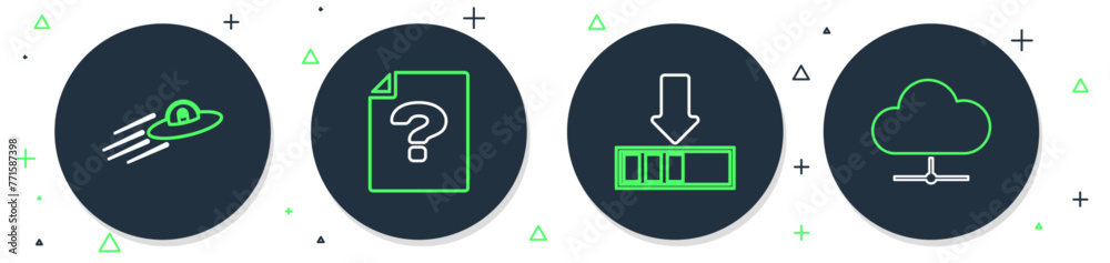Poster set line unknown document, loading, ufo flying spaceship and alien and network cloud connection icon