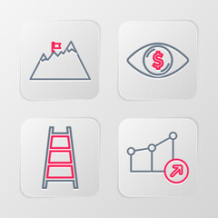 Set line Financial growth, Stair with finish flag, Eye dollar and Mountains icon. Vector