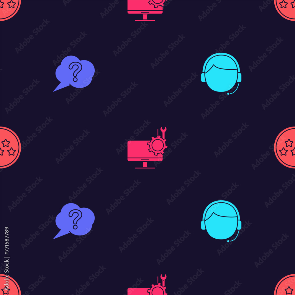 Poster set man with a headset, speech bubble question, computer monitor service and five stars rating revie