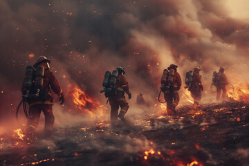 A determined team of firefighters mobilizes to combat raging flames, working together to protect lives and property through swift and effective rescue efforts. - obrazy, fototapety, plakaty