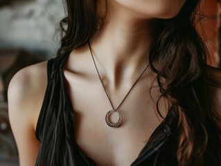 Cool and stylish custom necklace on a girl, neck beauty focus, trendy and graceful design - obrazy, fototapety, plakaty