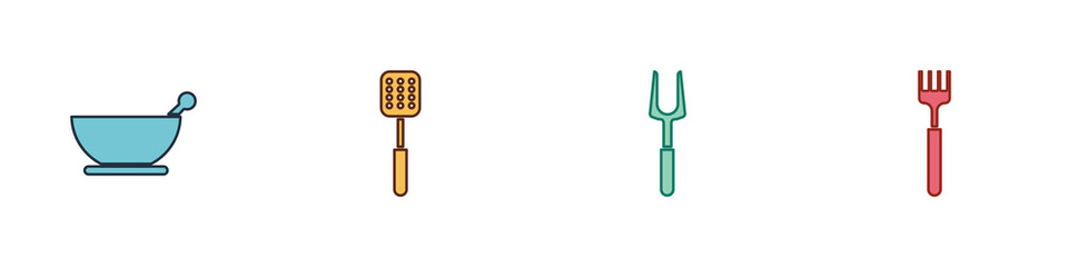 Set Mortar and pestle, Spatula, Barbecue fork and Fork icon. Vector