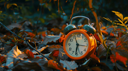 An orange alarm clock is sitting in a corner of leaves