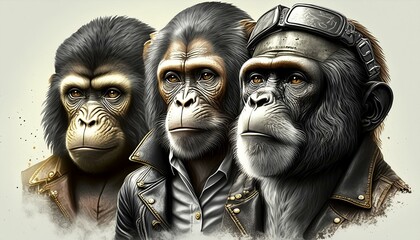 three apes of various species wearing leather jackets iron on patches AI Generated