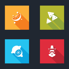 Set Sliced lime, Nachos, Lime and Mexican man sombrero icon. Vector