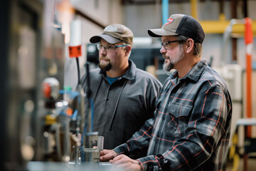 Fototapeta premium An engineer and worker collaborate in an industrial setting, discussing plans and inspecting machinery to ensure efficient operations.