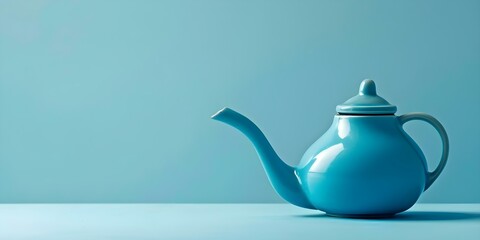 A blue neti pot against a blue background used for nasal rinsing to treat sinus congestion. Concept Health Benefits, Sinus Congestion Relief, Neti Pot Usage, Nasal Rinsing Techniques - obrazy, fototapety, plakaty