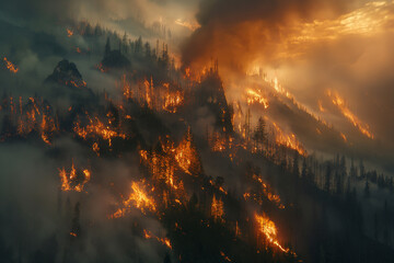 Fierce flames ravage through the forested mountains, illustrating the intensity and destructive power of a natural disaster.