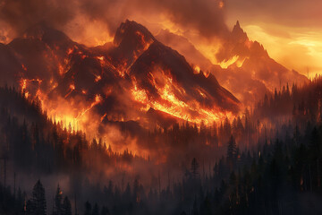 Fierce flames ravage through the forested mountains, illustrating the intensity and destructive power of a natural disaster.