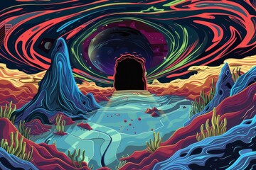 A surreal depiction of time and space distortion around a dark dimension entry point, set against the backdrop of a vibrant alien wilderness , linear Vector illustration