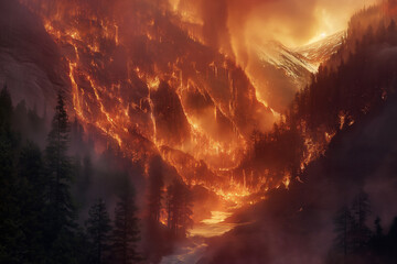 Fierce flames ravage through the forested mountains, illustrating the intensity and destructive power of a natural disaster. - obrazy, fototapety, plakaty